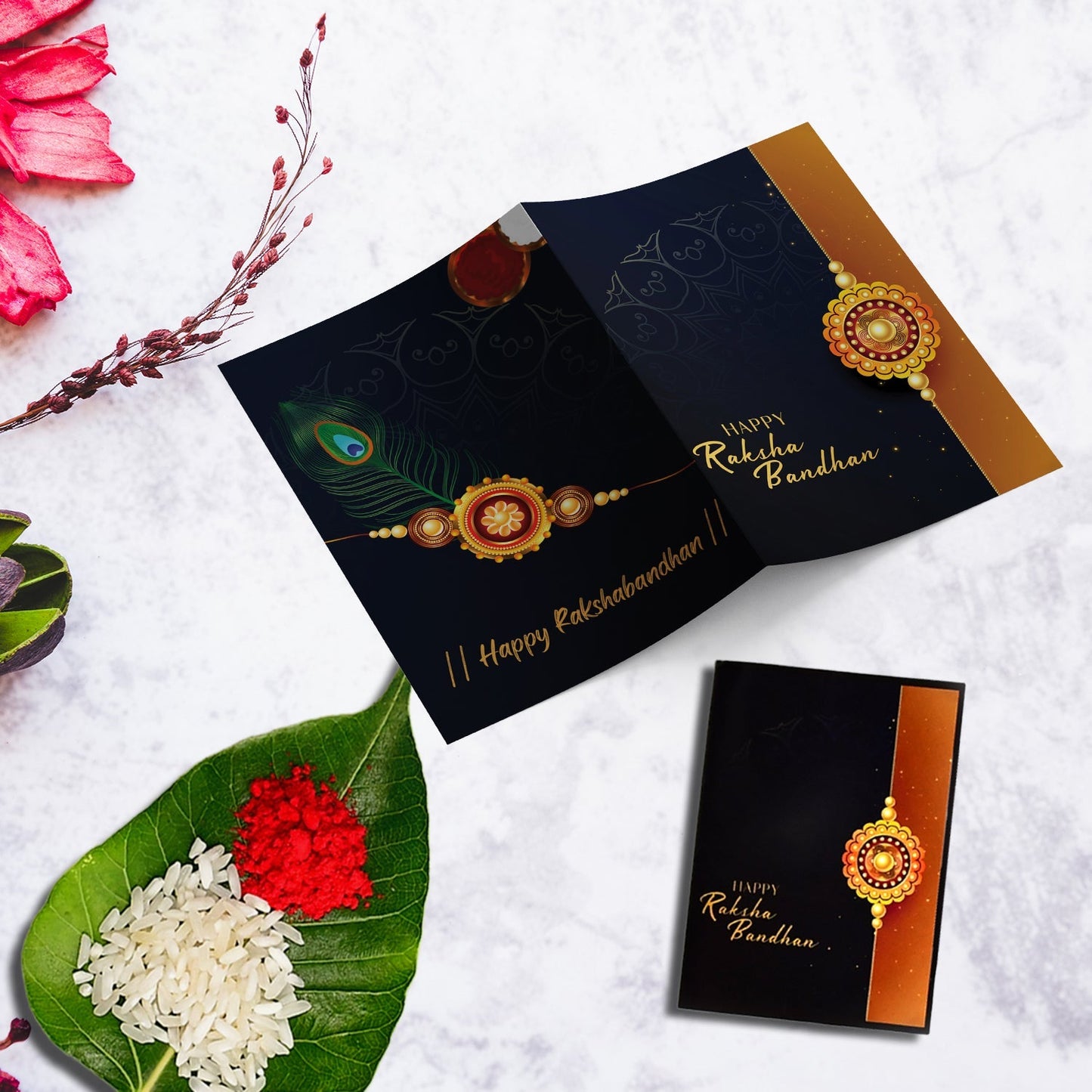 Single Designer Floral Rakhi For Brother Includes Silver Coin Roli Chawal Greeting Card