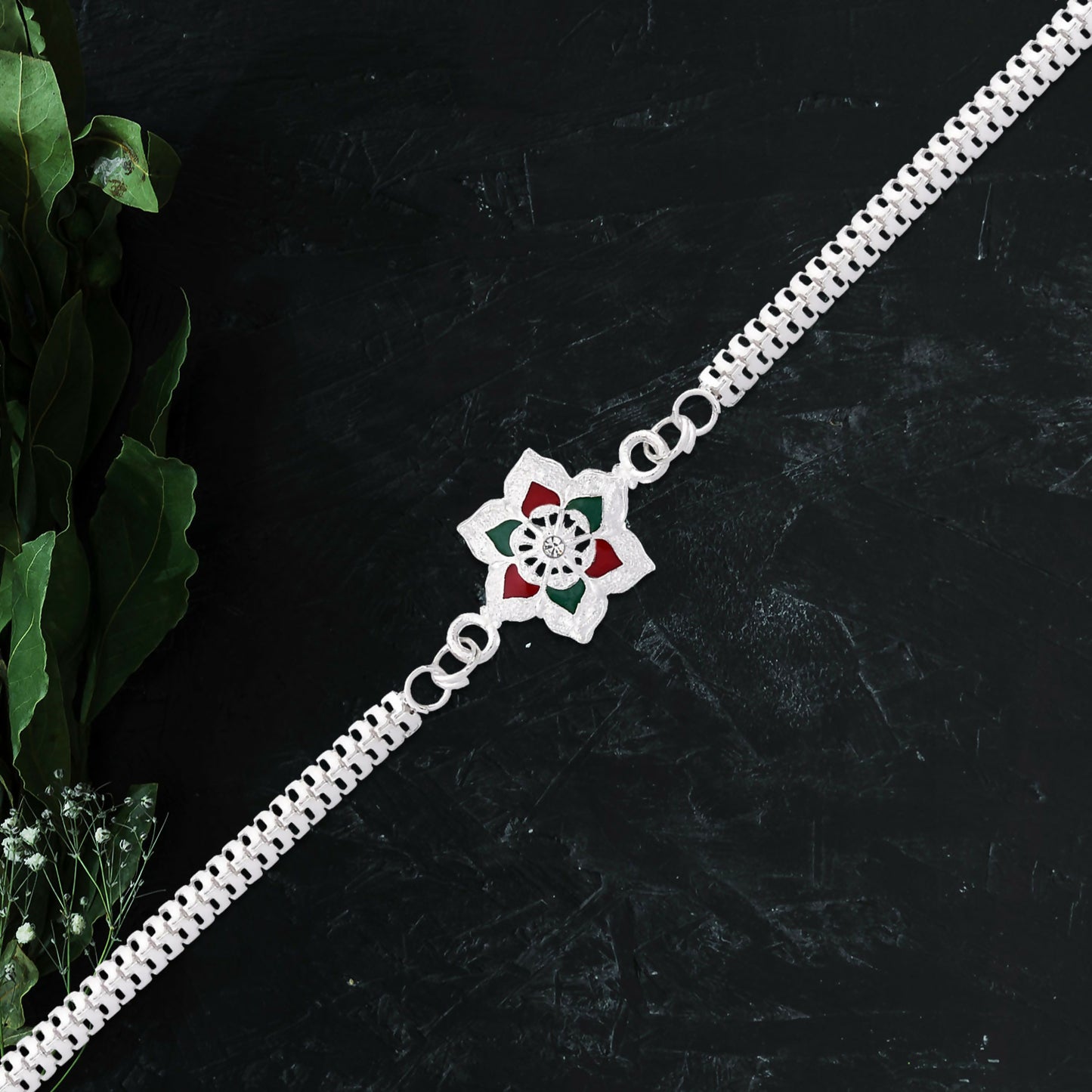 Silver Lotus Rakhi With Red-green Enamel Chain Strap