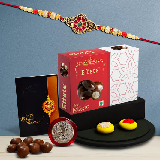 Rakhi For Brother Set Of 1 Rakhi With Chocolate Magic 32gm Pooja Coin With Greeting Card